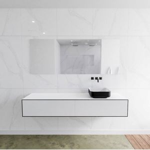 Zaro Lagom volledig naadloos solid surface onderkast met topblad 180cm mat zwart met 2 lades Push tot open. Compleet met solid surface opzetkom met 0 kraangat(en)