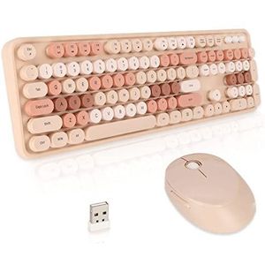 Kleurrijke Combinatie van Draadloos Toetsenbord en Muis, Polychroom 104 Toetsen, Ronde Toetsen, Retro Pc-toetsenborden, 2,4 G USB Ergonomisch Toetsenbord en Muis, Lange(zoete melk thee kleur)