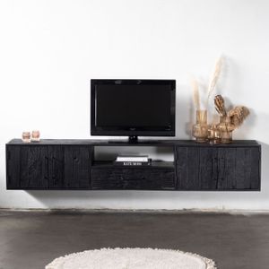 Zwevend Tv-meubel Pure Zwart 240cm - Gerecycled Hout - Giga Meubel