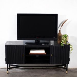 Tv-meubel Japandi Zwart Met Marmer 130cm - Marmer/Mangohout/Metaal - Giga Meubel