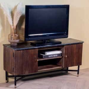 Tv-meubel Japandi Bruin Met Marmer 130cm - Metaal/Marmer/Mangohout - Giga Meubel