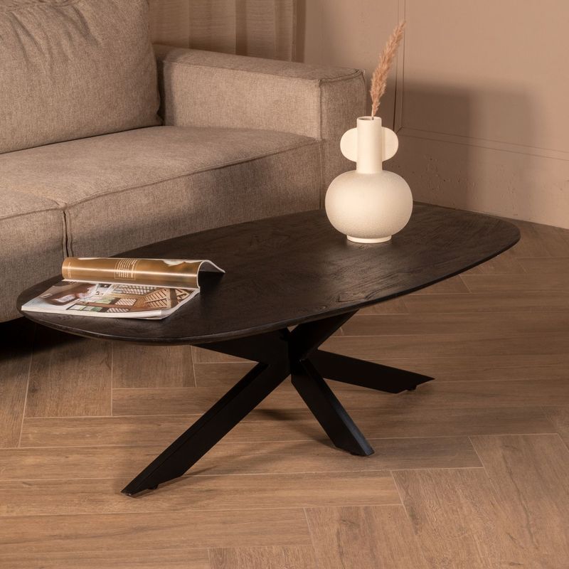 Salontafel Jordan Zwart Deens Ovaal 130cm - Mangohout/Metaal - Giga Meubel