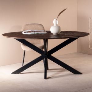 Eettafel Ziggy Bruin Ovaal 160cm X-poot - Mangohout/Metaal - Giga Meubel