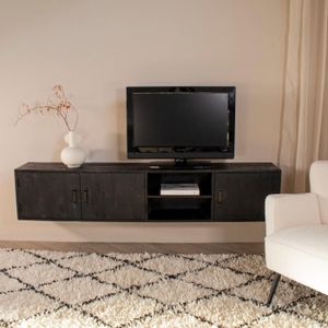 Zwevend Tv-meubel Zen Zwart Brushed 200cm - IJzer/Mangohout - Giga Meubel