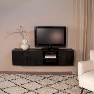 Zwevend Tv-meubel Zen Zwart Brushed 160cm - IJzer/Mangohout - Giga Meubel