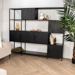 Wandkast Shaquille Zwart 220cm - IJzer/Acaciahout/Mangohout - Giga Meubel