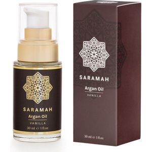 SARAMAH® Arganolie & Vanille 30 ml - Voor haar, huid en gezicht - Puur & Biologisch - EU Bio Keurmerk - Hydraterend, voedend en herstellend - Rijk aan omega 3 en 6, vitamine E en F - Marokkaanse Arganolie - Moroccan Argan Oil - NL-BIO-01