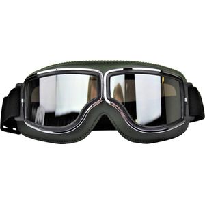 CRG Cruiser Motorbril - Donkergroen Leren Motorbril - Retro Motorbril Heren - Zilver Reflectie Glas
