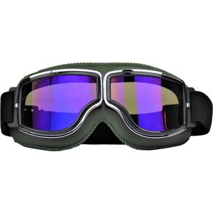 CRG Cruiser Motorbril - Donkergroen Leren Motorbril - Retro Motorbril Heren - Blauw Glas