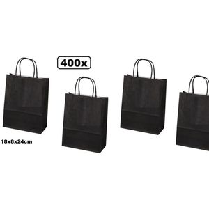 400x Papieren koordtas zwart 18x8x24cm - koord tas luxe kerst shoppen kado thema feest goodie bag festival evenement