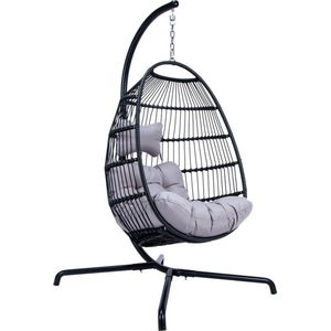 Hangstoel Norway - Zwart Wicker & Touw Luxe Egg Hangstoel Met Dikke Grijze kussens Met Frame - Inklapbare Basket