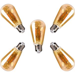 Kooldraadlamp - 5 stuks - E27 Edison ST64 - amber glas  | LED 4W=38W gloeilamp | FLAME filament 2200K