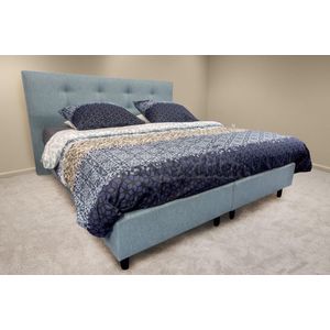 Boxspring 130x190 Miami Azurro Blauw Incl. Pocketvering 9-zones matras HR45 Koudschuim ca. 21 cm dik.