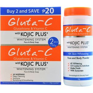Gluta-C 4x skin lightening poeder 40gr + 2 x 60 gram Glutathione zeep met Kojic plus