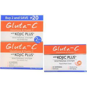Gluta-C Gezicht & Nek Crème SPF30 – 25g + Gluta-C Whitening Zeep 2 x 60g – Skin Lightening Bundel – Tegen Pigmentvlekken – Donkere Vlekken Verwijderaar – Egale Huid – Hydraterend & Voedend – Gezichts- & Lichaamsverzorging
