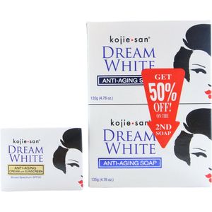 am White anti-aging dagcrème SPF 30, 30gr + Kojie San Dream White anti-aging zeep, 2 x 135 gram zeep