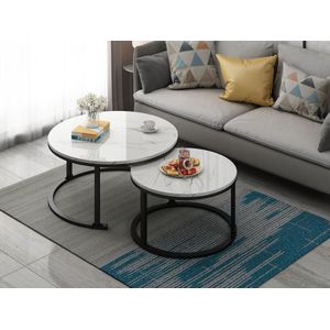 Swiss Homes | Salontafel Set van 2 - Marmer Look - Ø80 / Ø 80 / Ø 45 cm - Wit - Bijzettafel - Tafel Rond - Woonkamer Tafel - Decoratie Tafel - Salon Tafel - Wandtafel - Koffietafel - Zwart Metalen Frame | Wit - MDF