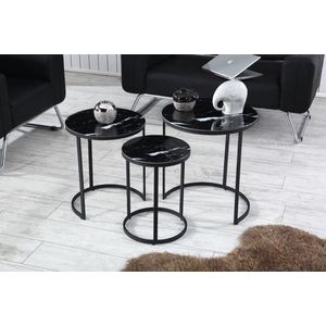 Swiss Homes | Salontafel Set van 3 - Zwart (Black) - Glas | Marmer Look - Ø50 / Ø 50 / Ø 55 cm - Bijzettafel - Tafel Rond - Woonkamer Tafel - Decoratie Tafel - Salon Tafel - Wandtafel - Koffietafel - Zwart Metalen Frame