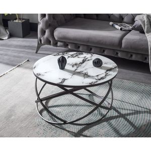 Swiss Homes | Salontafel - Wit (White) - Glas | Marmer Look - Ø75 / Ø 75 / Ø 44 cm - Bijzettafel - Tafel Rond - Woonkamer Tafel - Decoratie Tafel - Salon Tafel - Wandtafel - Koffietafel - Zwart Metalen Frame