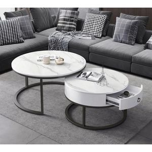 Swiss Homes�® - Venus | Salontafel Set van 2 - Marmer Look - Ø70 / Ø 70 / Ø 45 cm | Mystic White (Wit)| - Bijzettafel - Tafel Rond - Woonkamer Tafel - Decoratie Tafel - Salon Tafel - Wandtafel - Koffietafel | MDF