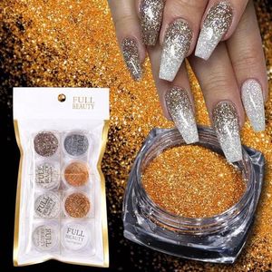 Glitter Poeder Nail Art Set - 8 Stuks - Goud / Zilver / Brons - Nagel Decoratie Strass