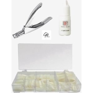 Nageltips Naturel 500 Stuks + Nagellijm 3ml + Tipknipper Zilver - Voordeelset