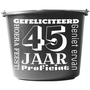 Emmer – 12 liter – zwart – Cadeau – Verjaardag – met tekst: Gefeliciteerd 45 jaar