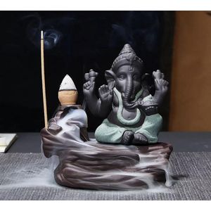 Backflow wierook brander / houder waterval Ganesha beeld 10.5X10.5X7CM BRUIN GROEN