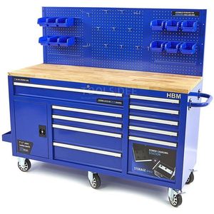 HBM 158 cm 10 Laden Werkbank met Deur en Achterwand “ BLAUW