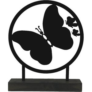 Decoratie van metaal - vlinder - mat zwart -35cm - in massief houten sokkel