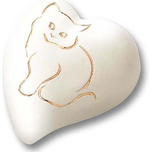 Platte witte Hart Urn, Goudkleurige Kat (0.8 liter)