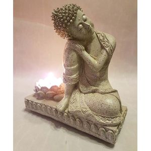 Slapende Boeddha - Urn - Steengrijs - Polystone - Inclusief Kaarshouder