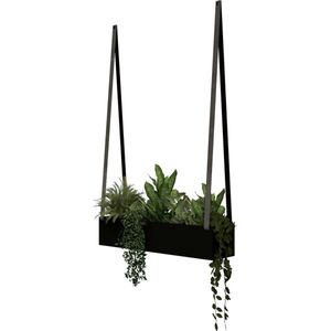 Hangende stalen plantenbak - aan leren banden | Leren banden: V GREY / Staal: Zwart (plantenbak - plantenbak binnen - plantenpot - planten aan wand - muur plantenbak)