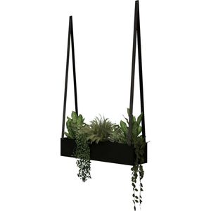 Hangende stalen plantenbak - aan leren banden | Leren banden: V BLACK / Staal: Zwart (plantenbak - plantenbak binnen - plantenpot - planten aan wand - muur plantenbak)
