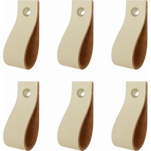 6x Leren handgrepen 'de lus' maat S - CREME  (15,8 x 2,5 cm) - incl. 3 kleuren schroefjes (handgreepjes - leren grepen - greepjes - leren lusjes)