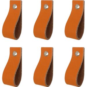 6x Leren handgrepen 'de lus' maat S - ORANJE  (15,8 x 2,5 cm) - incl. 3 kleuren schroefjes (handgreepjes - leren grepen - greepjes - leren lusjes)