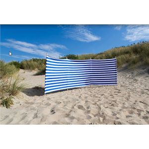 TOPPER!! Strand Windscherm Kobalt Blauw - Wit - 5 meter Sterk Dralon met 2 Delige Stokken 180 cm -Doekhoogte 140 cm