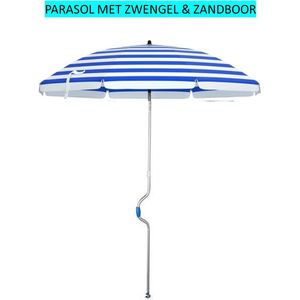 Pincho - LUXE ZWENGEL STRANDPARASOL - Aluminium Parasol 180 cm - Blauw - Wit Gestreept- Zwengel en Grondboor - Kantelbaar - Draagtas - Hoge UV (99%) Bescherming UPF50