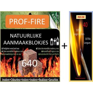 Prof-Fire - 640 Aanmaakblokjes Voordeeldoos & 40 Extra Lange Lucifers +/- 20 cm - Top Kwaliteit - Milieuvriendelijk - Ecologisch - Geurloos