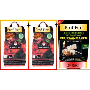 Prof-Fire - 2 x 4 Kg BBQ Briketten (8 Kg) + 1 zak Aanmaak Houtwol van 24 stuks
