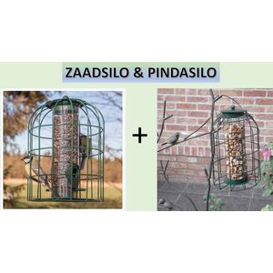 Bird-Feeder - Zaad & Pindasilo - Met Beschermkooi voor Kleine Vogels - Rond - Groen