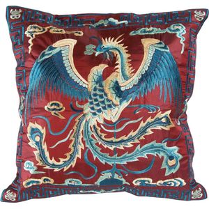 Fine Asianliving Chinese Kussen Volledig Geborduurd Bordeaux Feniks 45x45cm