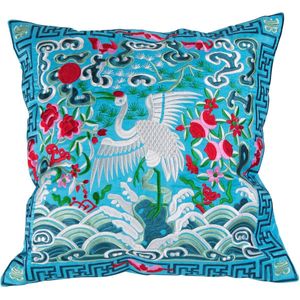 Fine Asianliving Chinese Kussen Volledig Geborduurd Blauw Kraanvogel 45x45cm