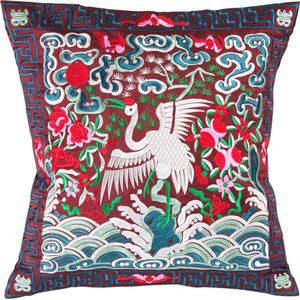 Fine Asianliving Chinese Kussen Volledig Geborduurd Bordeaux Kraanvogel 45x45cm