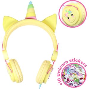 Unicorn Koptelefoon Kinderen – voor Meisjes – Volume begrenzing + Verstelbaar – Kindveilige Hoofdtelefoon Storingsvrij door snoer + 10 Eenhoorn stickers – kleur GEEL 2HU02