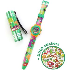 Zaklamp + horloge Dino voor kinderen | Nachtlamp Dinosaurus LED + 10 gratis Dino stickers | werkt op 2 AA batterijen | 16cm | FL03