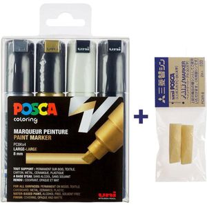 Posca PC-8K Marker set – Zwart/wit/goud/zilver + 2 vervangbare tips