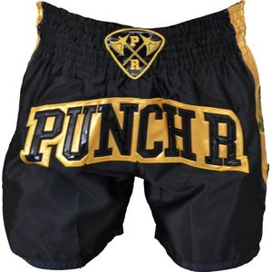 PunchR Muay Thai Kickboks Broek Zwart Goud by PunchR™ - XXS, XS, S, M, L, XL, XXL, XXXL, 8 Jaar, 10 Jaar, 12 Jaar, 14 Jaar, 6 Jaar