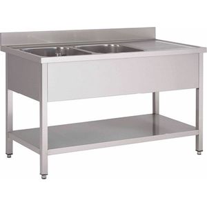 Gastro-Inox RVS Spoeltafel Met 2 Spoelbakken Links En Onderblad 1500(l)x600(d)x880(h)mm - Gastro-Inox 305.423 - Horeca & Professioneel