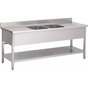 Gastro-Inox RVS Spoeltafel Met 2 Spoelbakken Midden En Onderblad 1400(l)x700(d)x880(h)mm - Gastro-Inox 305.442 - Horeca & Professioneel